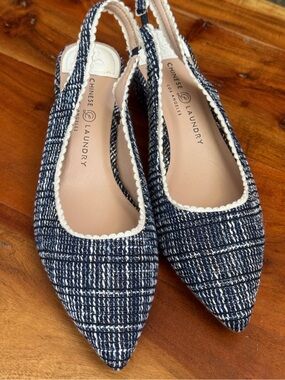 Chinese Laundry Navy Tweed Pointed Toe Slingback Low Block Heels Women's Size 11